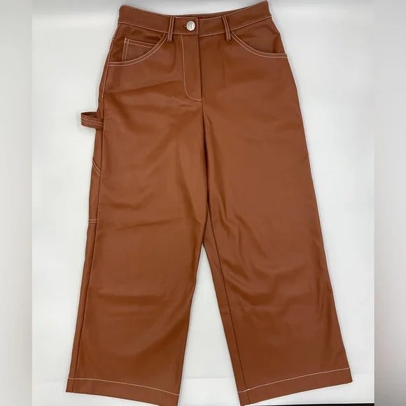 Staud NWOT Cropped Domino Vegan Leather Wide Leg Pant in Whiskey Size 0 - Picture 4 of 16